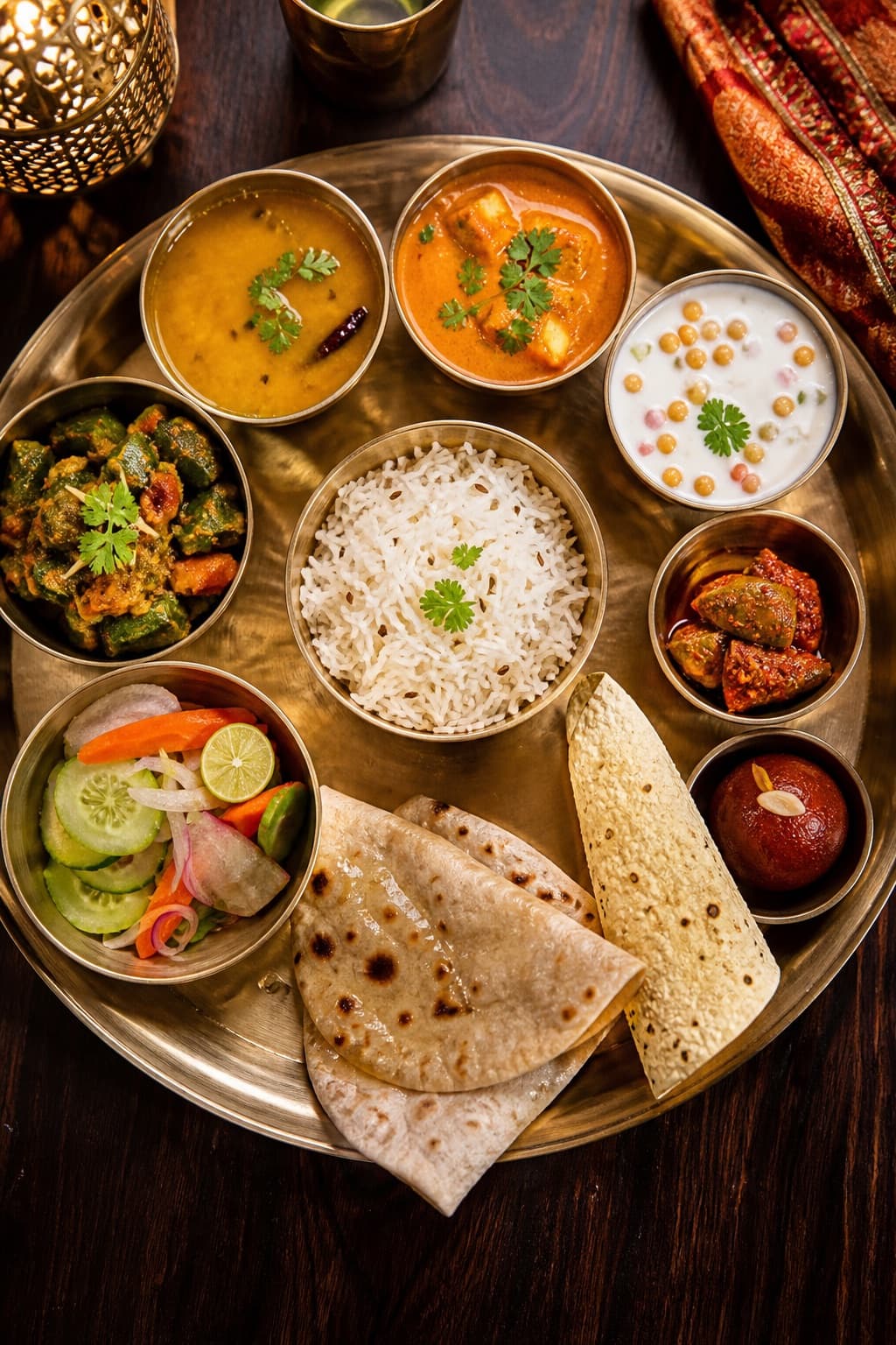 Cheelgadi special vegetarian thali with curries, breads, and dessert in Jaipur