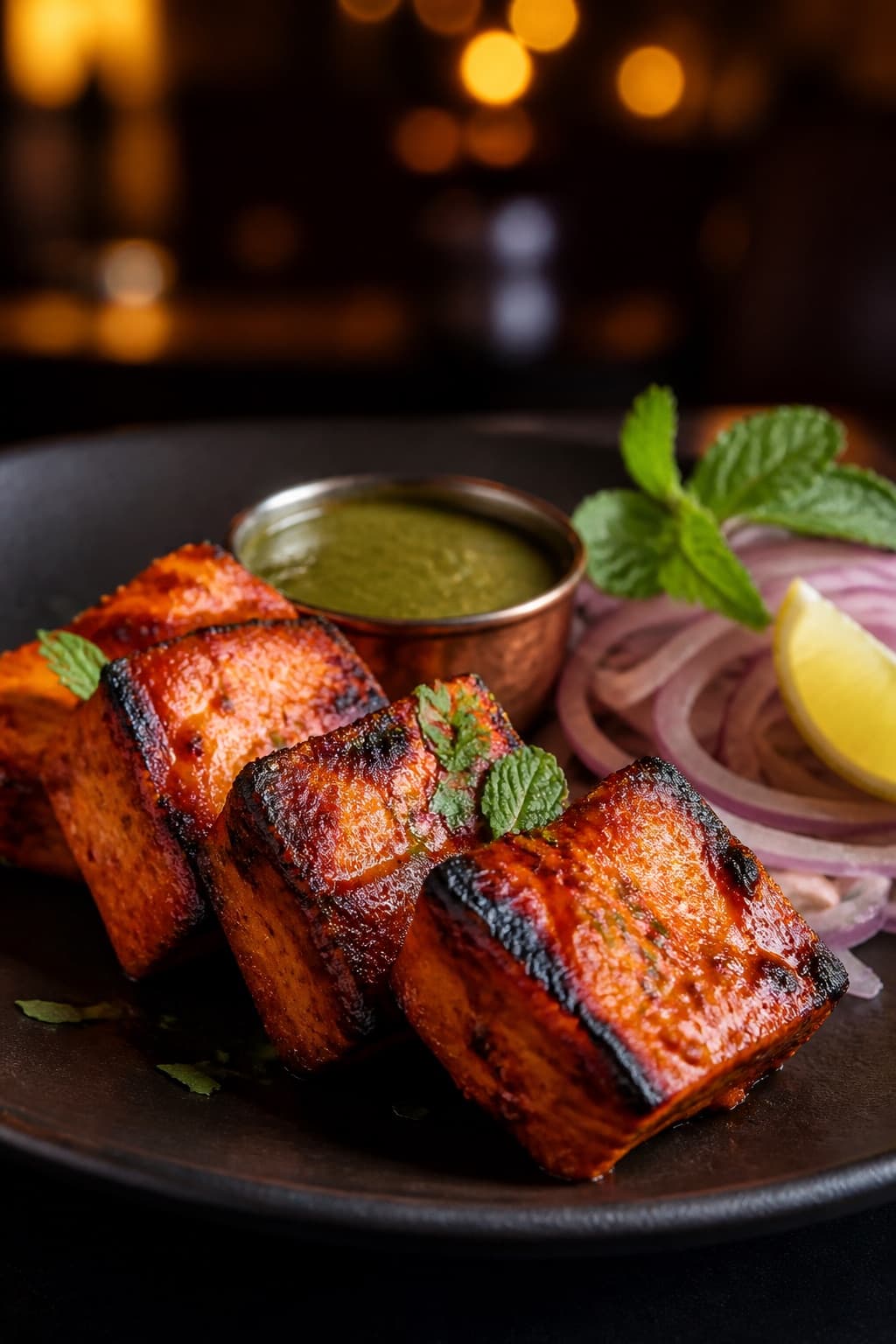 Charcoal-grilled paneer tikka with mint chutney at Cheelgadi Jaipur